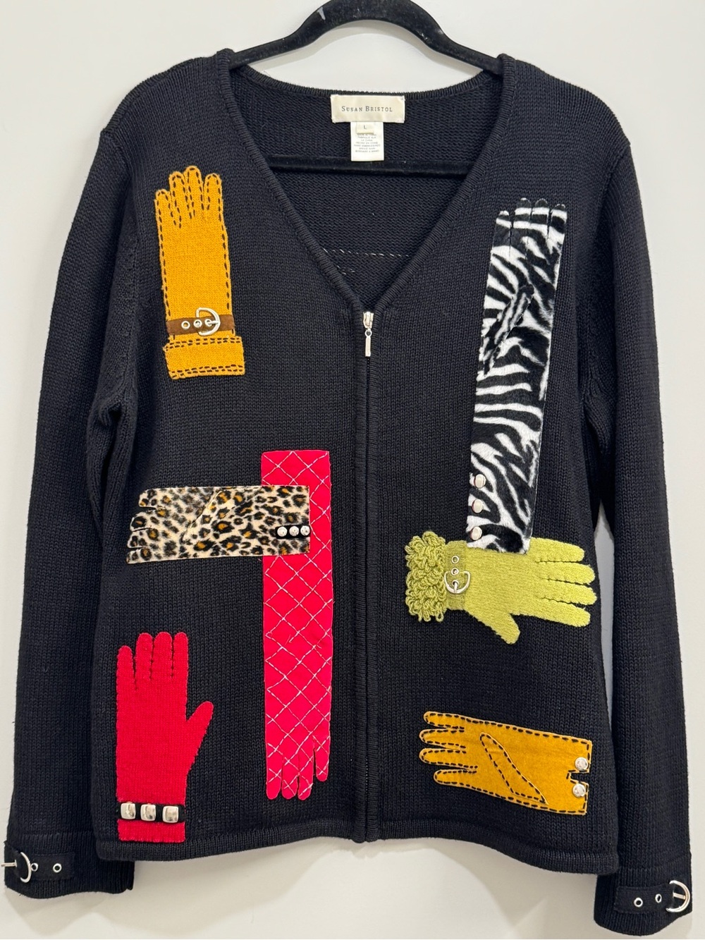 Vintage Susan Bristol Black Knit Zip Up Embroidered Sweater Grandmacore